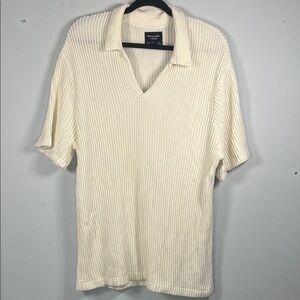 Abercrombie & Fitch Men's‎ Cream Ribbed Soft Stretchy Polo Short Sleeve Shirt
